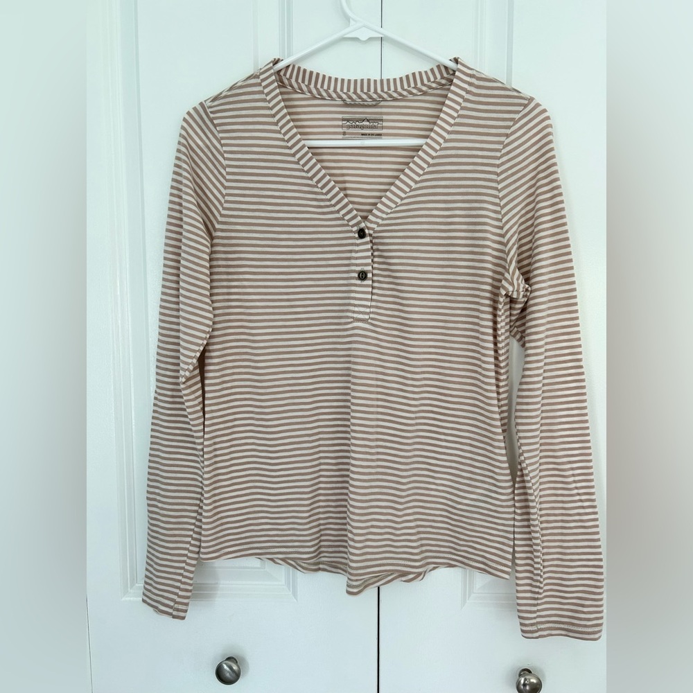 Patagonia Women's Mainstay Henley Shirt Bumble Bee Stripes Tiber Tan Small organ